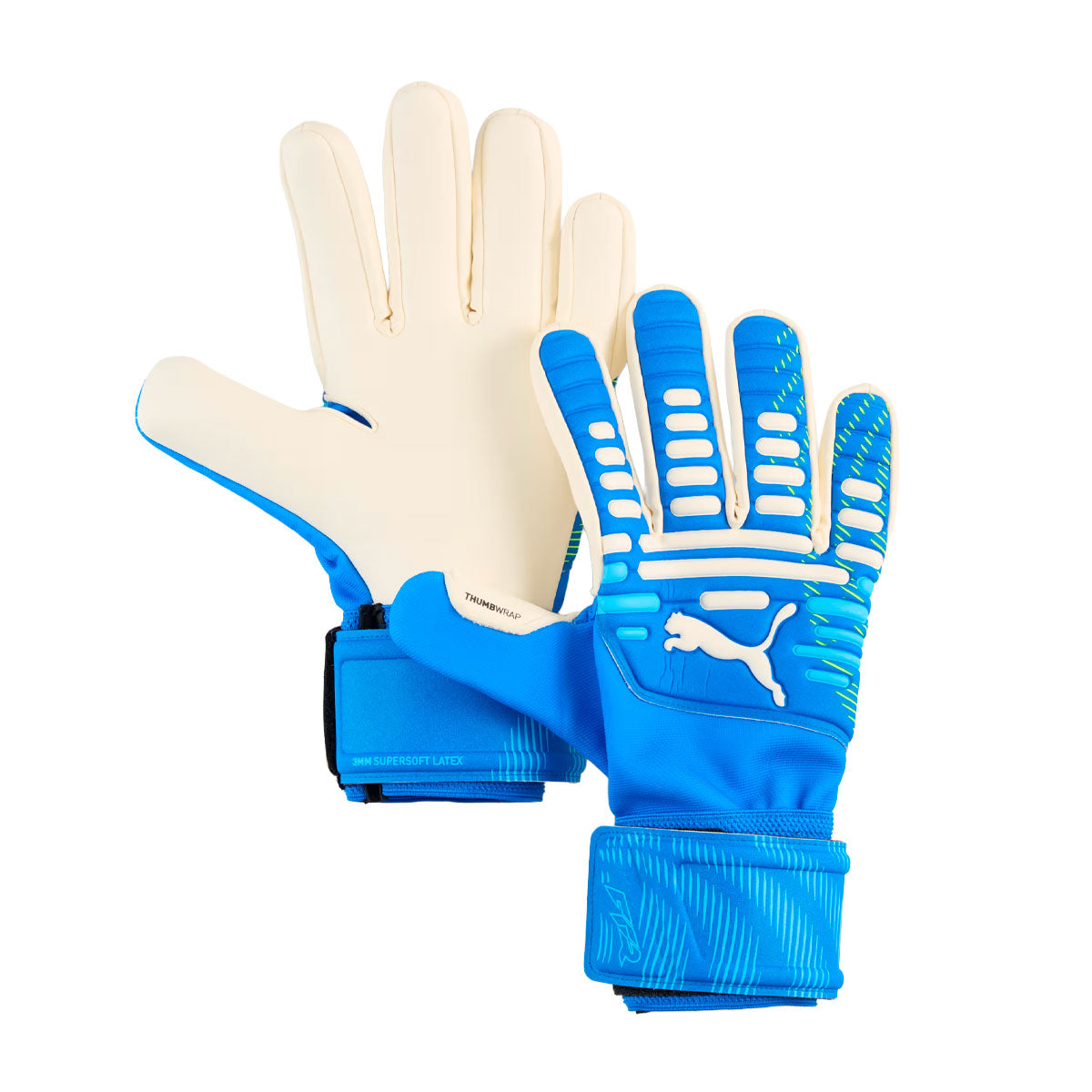 Puma Future Match NC Goalkeeper Gloves in bright blue and cream with adjustable wrist straps, a staple of official soccer gear.
