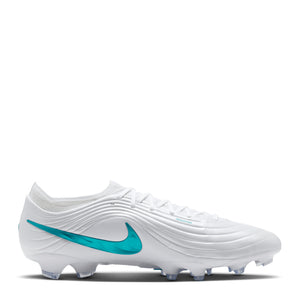 White Nike Tiempo Maestro Elite soccer cleats featuring a teal swoosh logo and translucent studs.