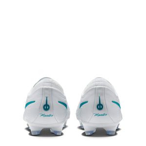 Back view of white Nike Tiempo Maestro Elite soccer cleats with teal accents and the word Maestro printed on the heels.