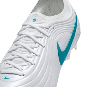 White Nike Tiempo Maestro Elite soccer cleats featuring a teal swoosh logo.