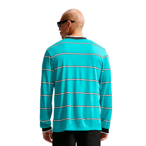 Back view of a person wearing a turquoise Nike Energy Long Sleeve T-Shirt featuring horizontal white and black stripes and black trim at the neck and cuffs.