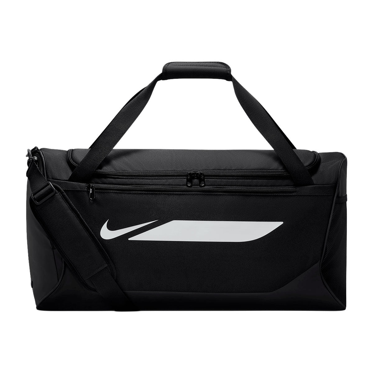 Black Nike Academy Duffel Bag featuring a swoosh logo, a zippered main compartment, and top handles, perfect for carrying official soccer gear.