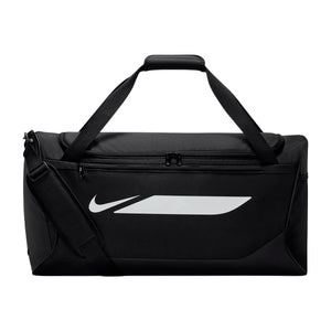Black Nike Academy Duffel Bag featuring a swoosh logo, a zippered main compartment, and top handles, perfect for carrying official soccer gear.