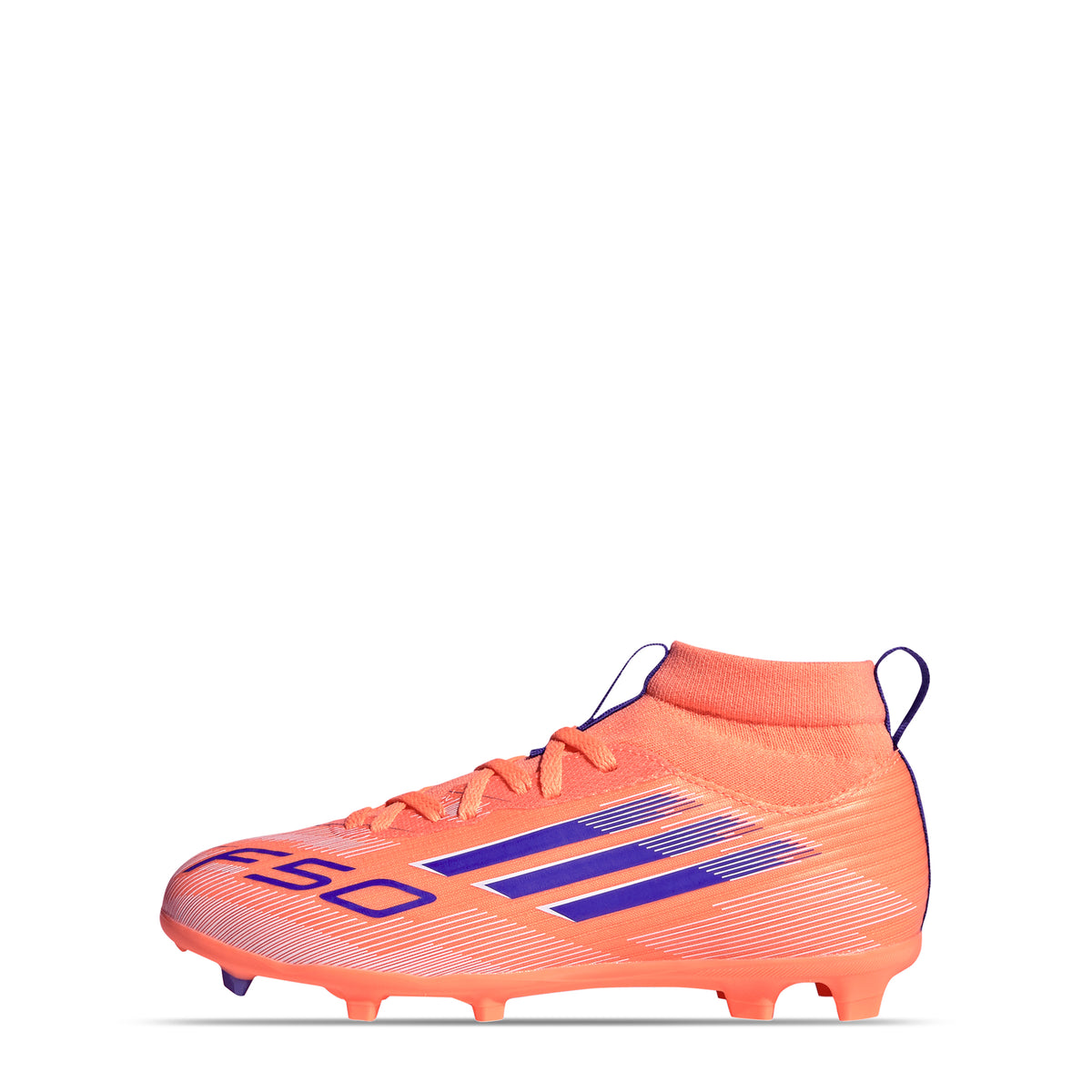 Bright orange adidas F50 League FG/MG Soccer Cleats featuring purple stripes, an F50 logo on the side, and a sprintplate outsole.