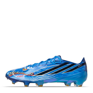 Adidas F50 Hyperfast Elite Y-3 FG soccer cleats in blue, featuring a white and orange dragon graphic on the side and black stripes.