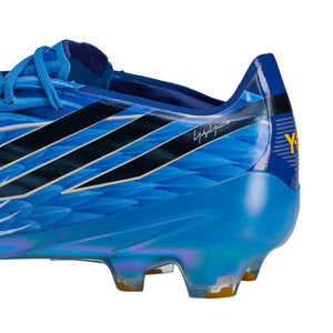 Blue adidas F50 Hyperfast Elite Y-3 FG Soccer Cleats with black stripes, a signature graphic on the side, and a metallic iridescent sole plate.