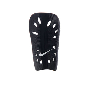 Black, official Nike J Shin Guards with a textured surface and ventilation holes, perfect for a game-day look.