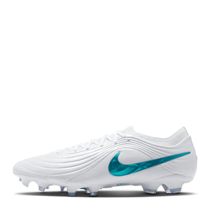 Nike Tiempo Maestro Elite soccer cleats in white with a teal metallic swoosh on the side and a translucent soleplate.