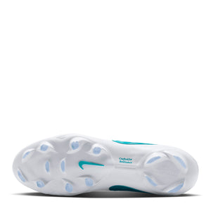 Sole of a white Nike Tiempo Maestro Elite soccer cleat featuring blue studs, a teal swoosh, and the text Crafted for Brilliance.