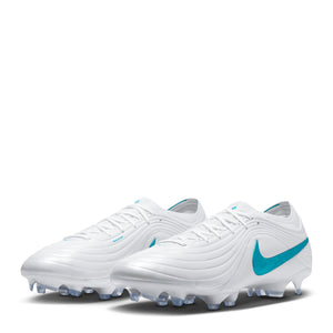 Nike Tiempo Maestro Elite soccer cleats in white with a teal swoosh logo and translucent studs.