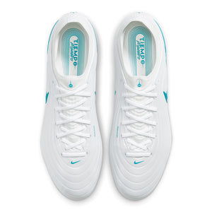 Top-down view of a pair of white Nike Tiempo Maestro Elite soccer cleats with teal accents and white laces.