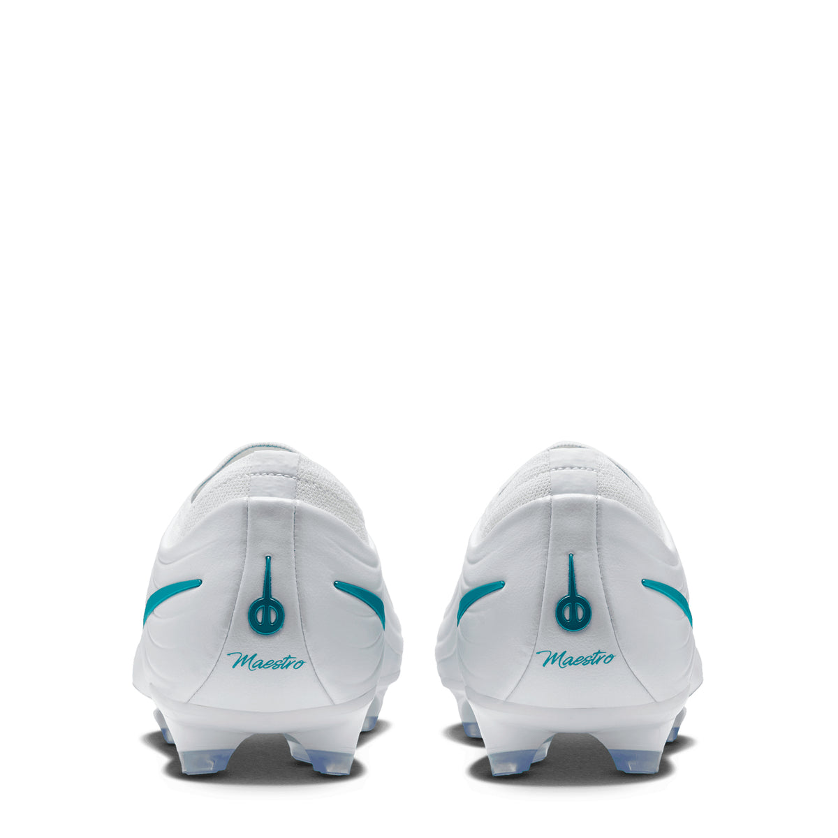 Back view of white Nike Tiempo Maestro Elite soccer cleats with teal accents and the word Maestro printed on the heels.
