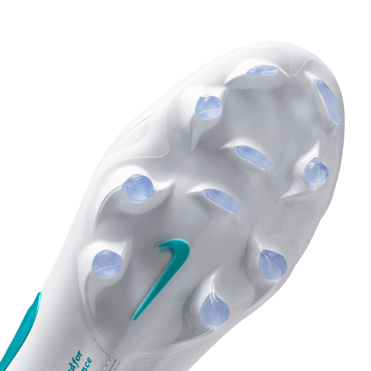 White Nike Tiempo Maestro Elite soccer cleats featuring a sole with light blue translucent studs and a teal swoosh logo.