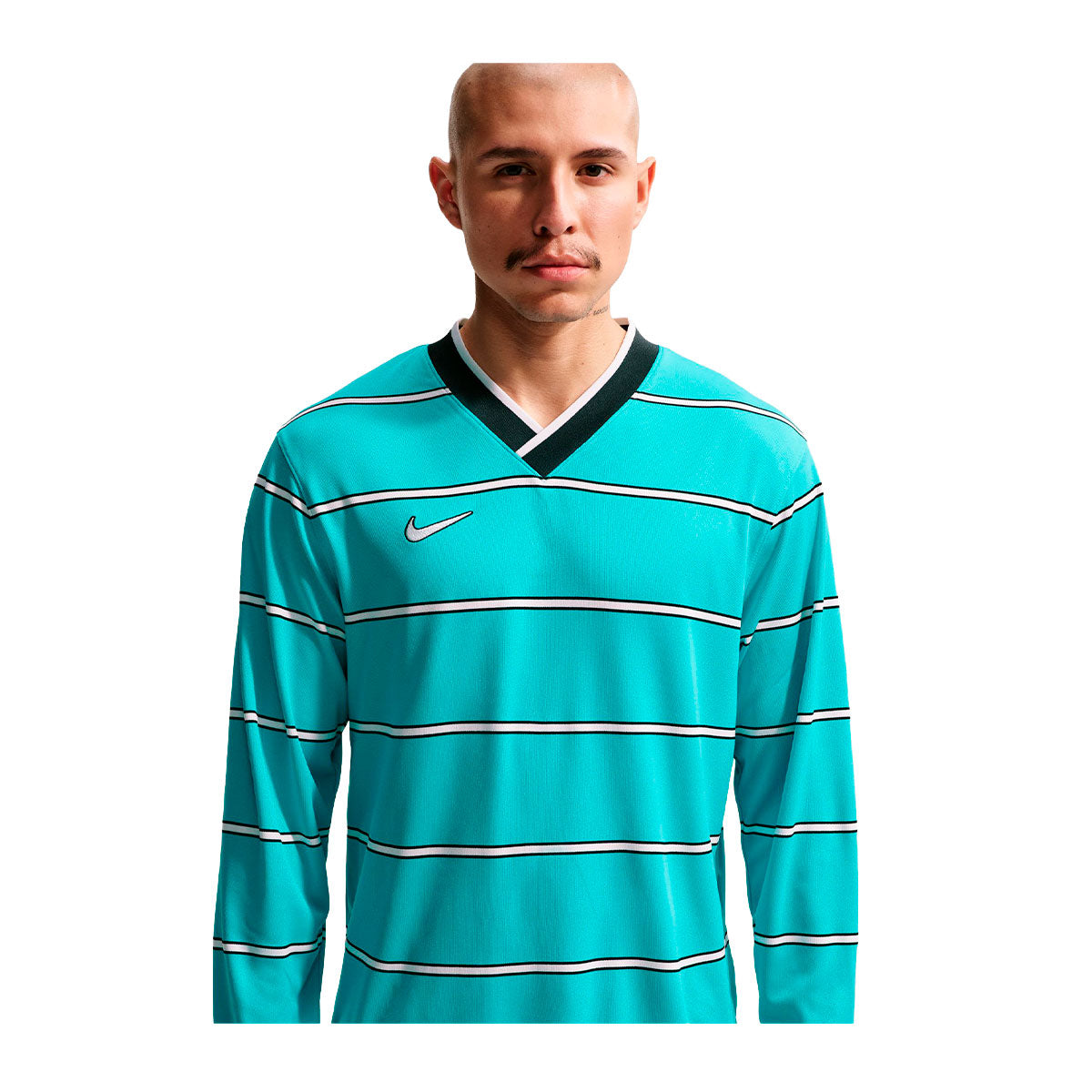 A person wearing a Nike Energy Long Sleeve T-Shirt in teal with thin white and black horizontal stripes and a V-neck collar.