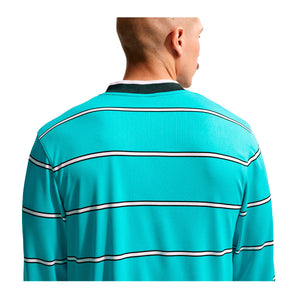 A person viewed from behind wearing a teal Nike Energy Long Sleeve T-Shirt featuring horizontal white and black stripes and a dark green collar.