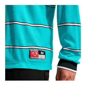 Nike Energy Long Sleeve T-Shirt in turquoise with black and white horizontal stripes, featuring a rectangular logo patch at the hip for an official soccer gear game-day look.