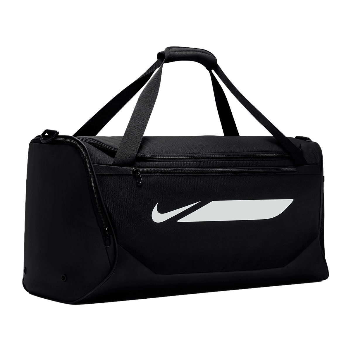 Black Nike Academy Duffel Bag with dual handles and a white swoosh logo, perfect for transporting your official soccer gear.