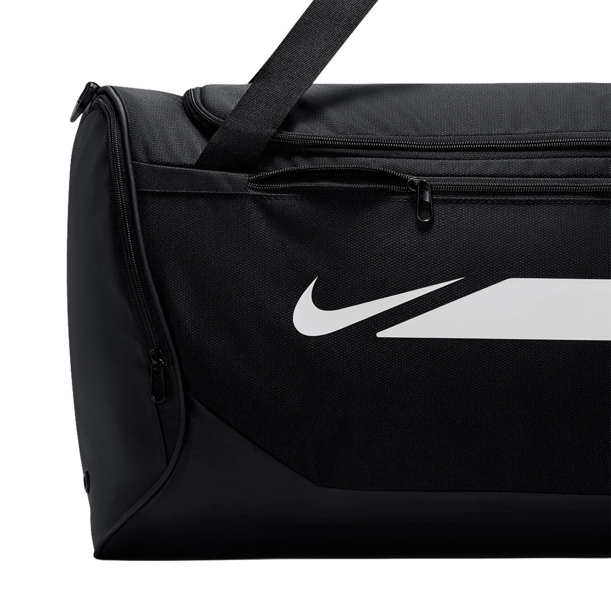 Black Nike Academy Duffel Bag with a white swoosh logo, side zipper pocket, and official soccer gear aesthetic.