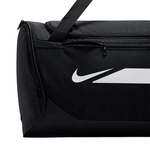 Black Nike Academy Duffel Bag with a white swoosh logo, side zipper pocket, and official soccer gear aesthetic.