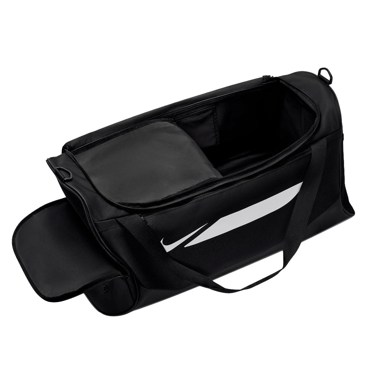Black Nike Academy Duffel Bag with a white logo, shown from a high angle with the top compartment open, perfect for your official soccer gear.