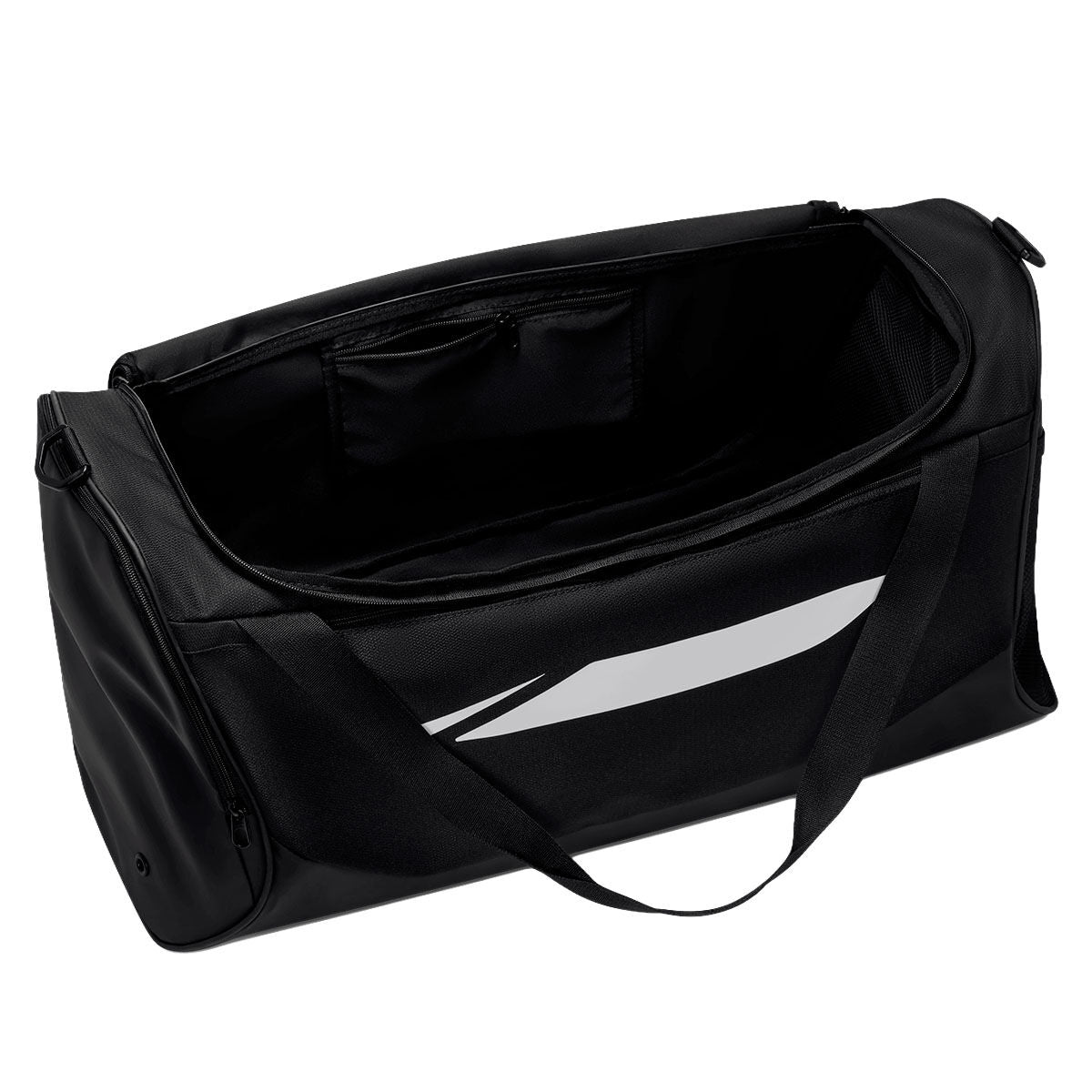 Open black Nike Academy Duffel Bag with a white graphic stripe on the side and a zippered interior pocket, perfect for holding official soccer gear.
