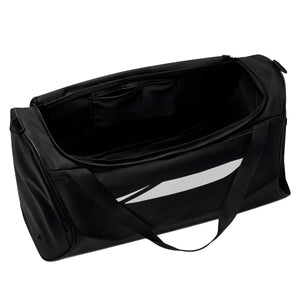 Open black Nike Academy Duffel Bag with a white graphic stripe on the side and a zippered interior pocket, perfect for holding official soccer gear.