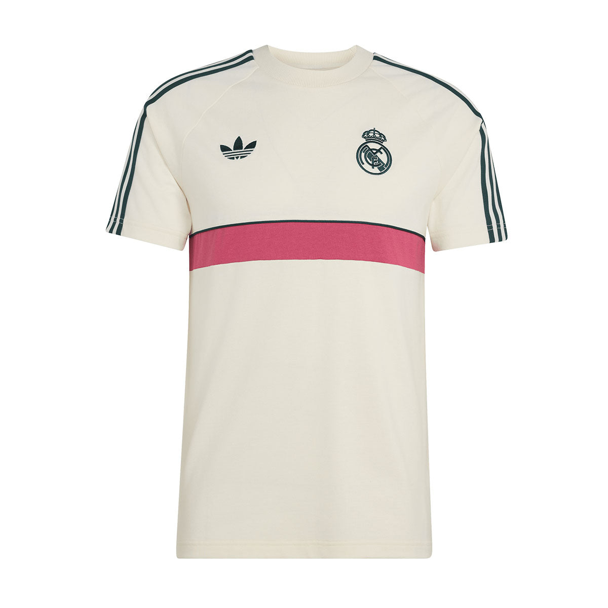 Off-white adidas Real Madrid Originals T-Shirt with dark green shoulder stripes, a horizontal pink chest stripe, a trefoil logo on the right, and a soccer team crest on the left.