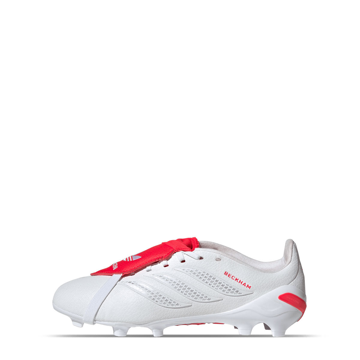 White adidas Predator League David Beckham Fold-Over Tongue FG Soccer Cleats with a red fold-over tongue and the name Beckham printed on the side.