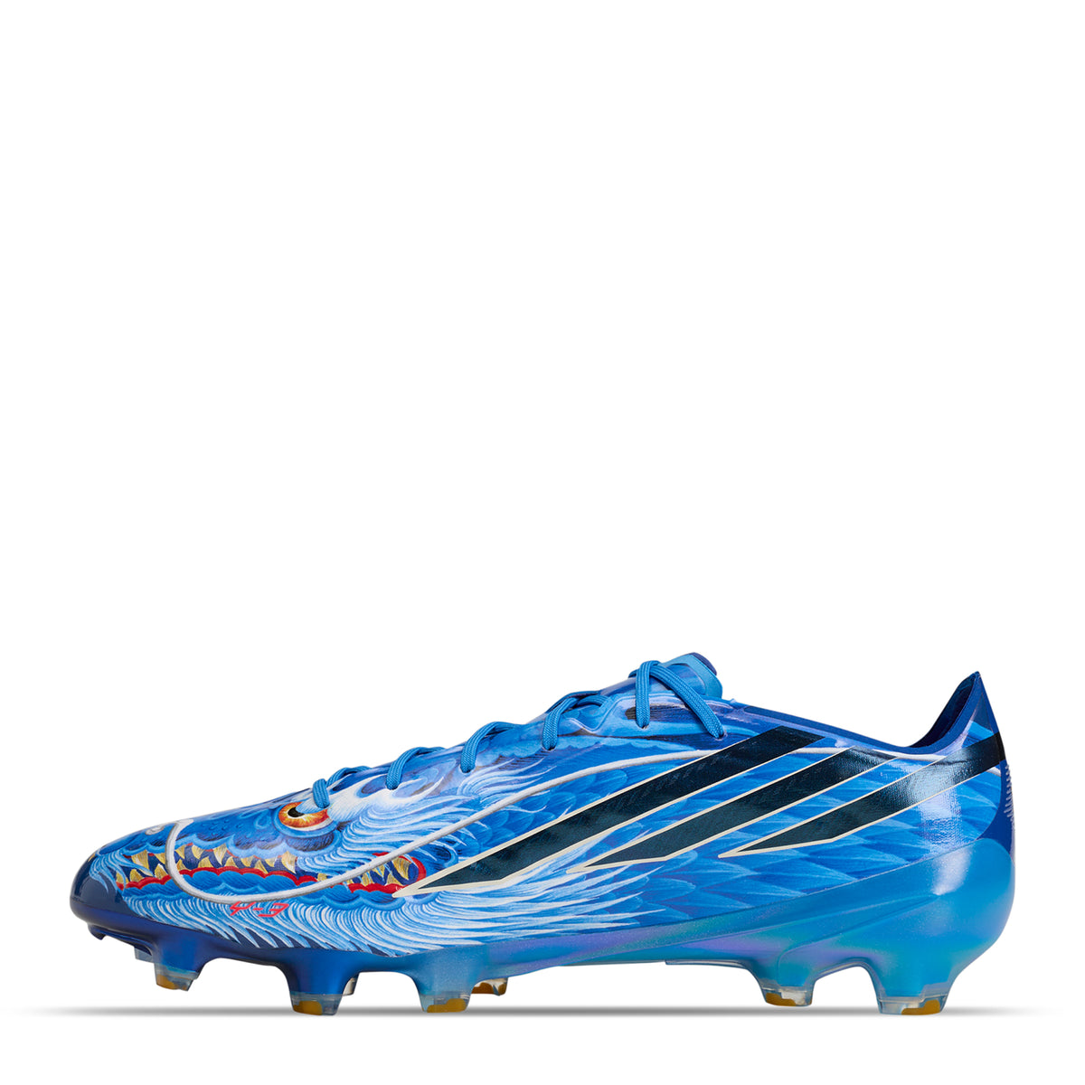 Blue adidas F50 Hyperfast Elite Y-3 FG kids soccer cleats featuring a dragon graphic and black side stripes for firm ground play.