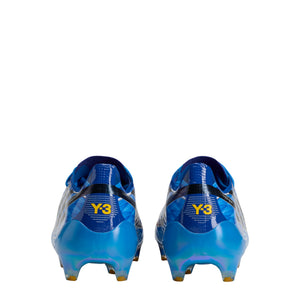 Back view of two blue adidas F50 Hyperfast Elite Y-3 FG Soccer Cleats featuring yellow Y-3 branding on the heels.