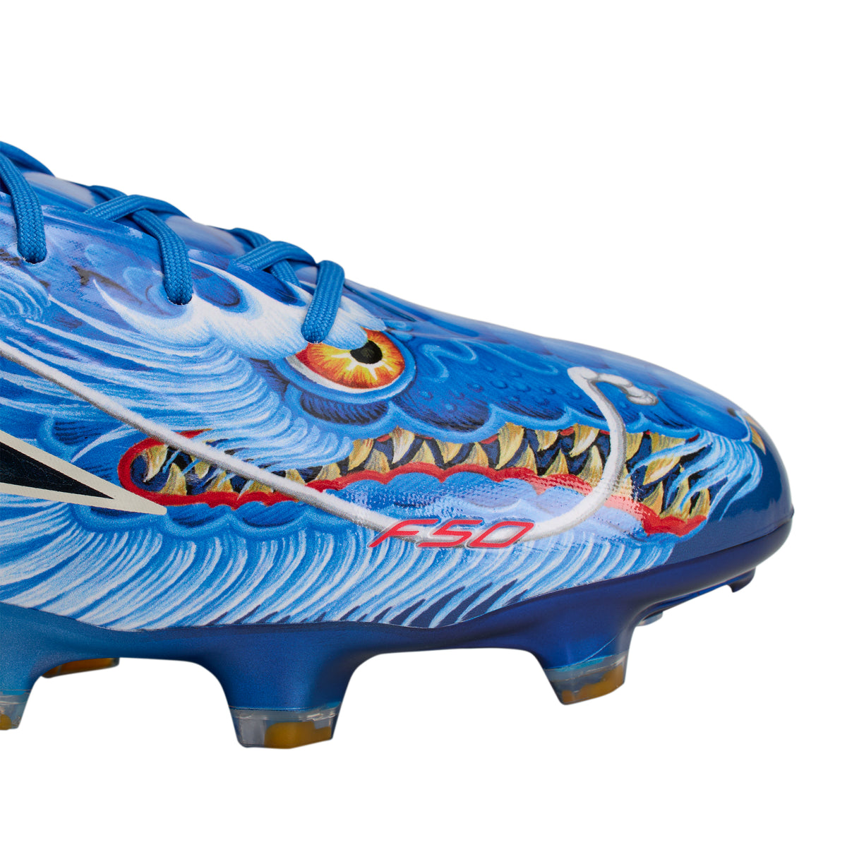 Blue adidas F50 Hyperfast Elite Y-3 FG soccer cleats featuring a detailed dragon illustration across the side and a red F50 logo near the toe.